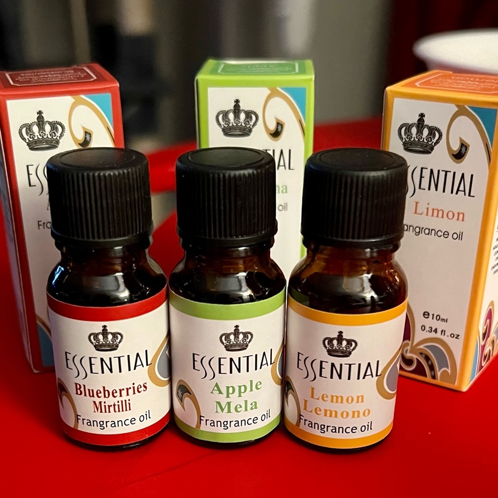 Fragrance oils by Essential, blueberries, apple & lemon scents 10 ml each NEW